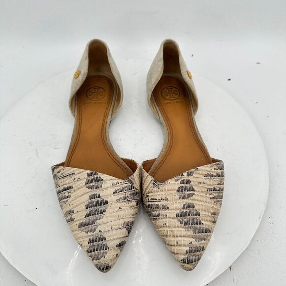 Tory Burch D'Orsay Viv Women Size 7M Lizard Leather Linen Pointed Toe Flat Shoes - Picture 3 of 12